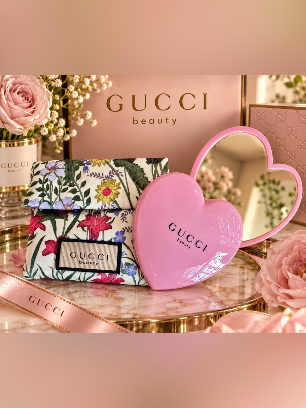 Gucci Pink Heart Compact with Floral Cosmetic Pouch